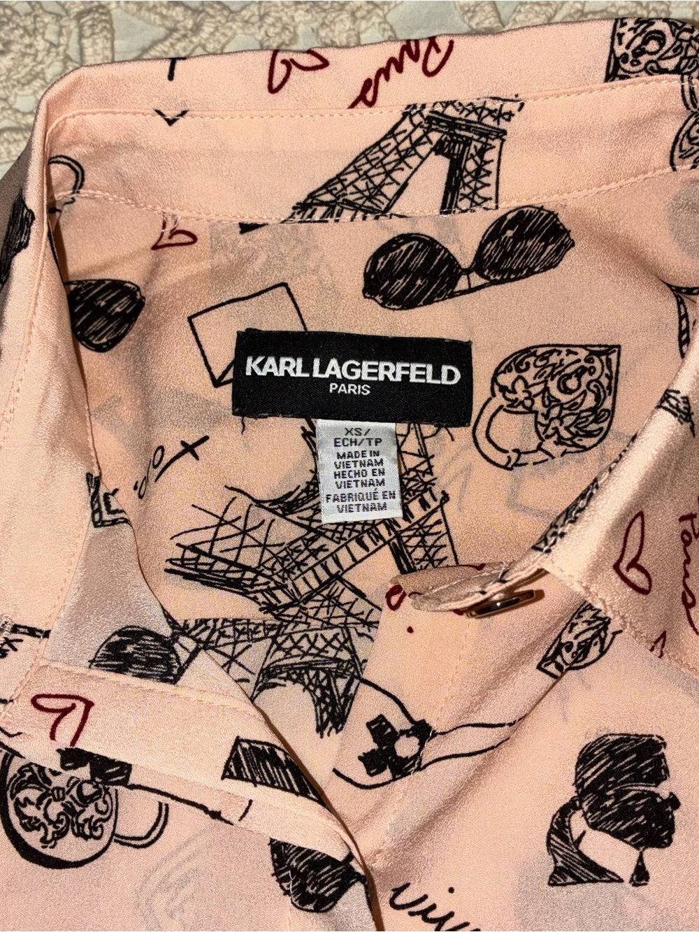Karl Lagerfeld Pink Paris Theme Print Button-Up Shirt - Picture 9 of 11